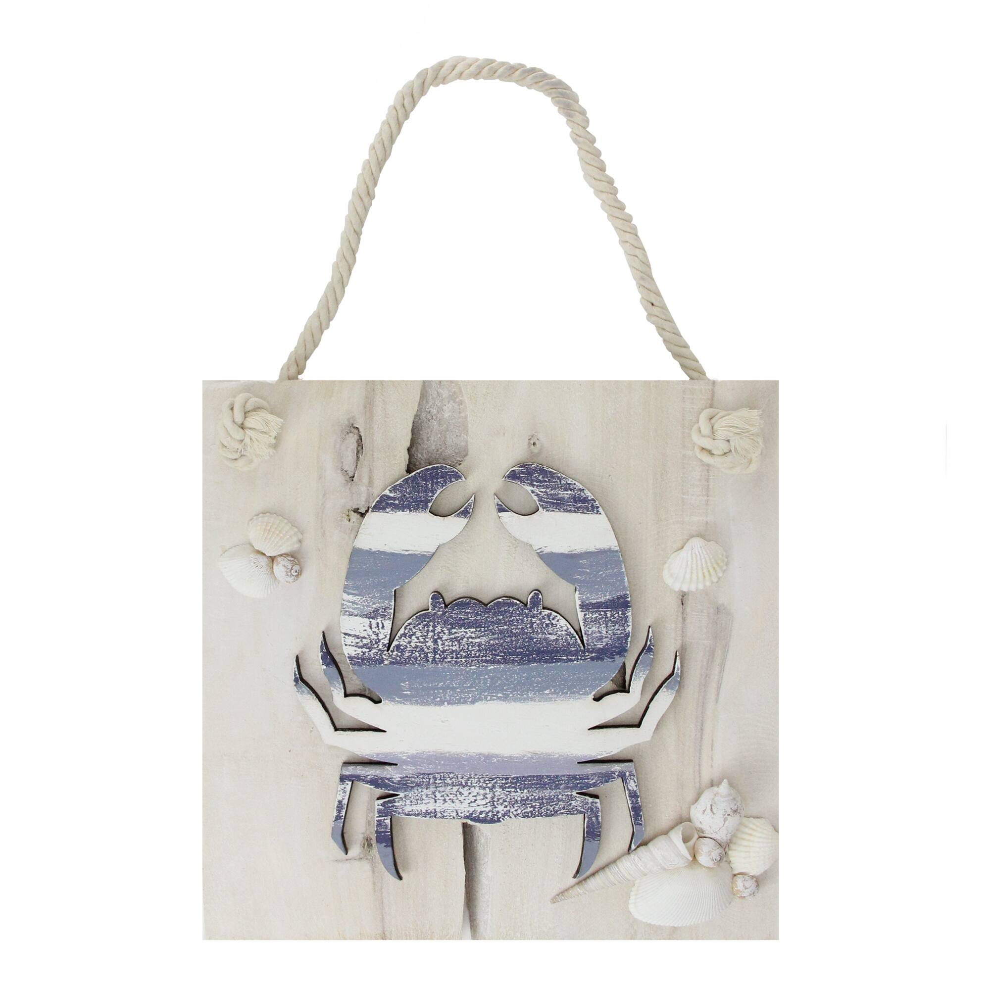 10" Blue & White Striped Hanging Nautical Crab Plaque with Sea Shells Wall Accent